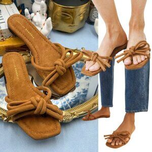 🆕 LOEFFLER RANDALL 🧿 NWOB Hadley Suede Bow Flat Sandals, Cacao - Sz 6 B